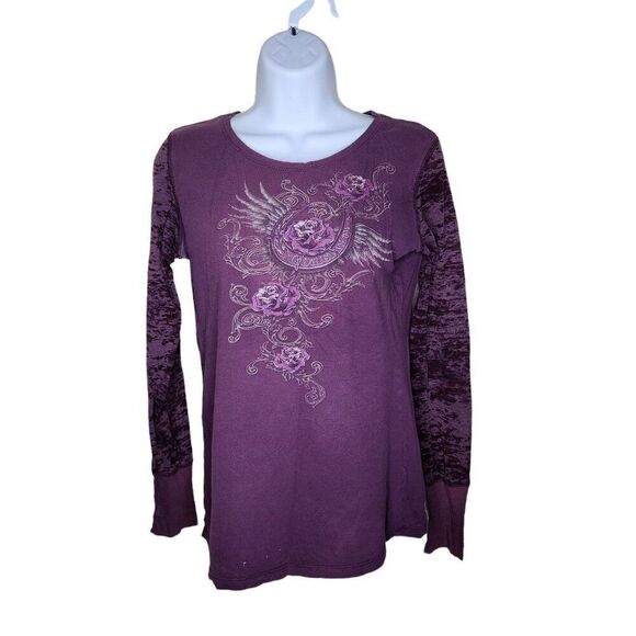 Vintage Y2K Cowgirl Up Long Sleeve Burnout TShirt Roses Womens Size M Purple - Picture 1 of 6